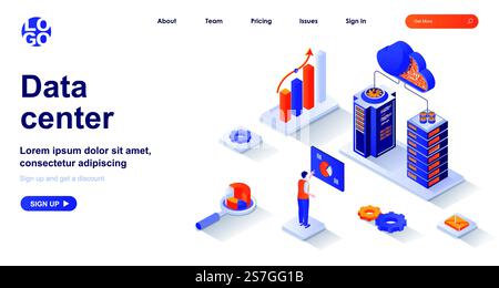 Data center isometric landing page. Operation engineer works in server racks room isometry concept. Hardware datum storage 3d web banner. Vector illustration with people characters in flat design Stock Vector