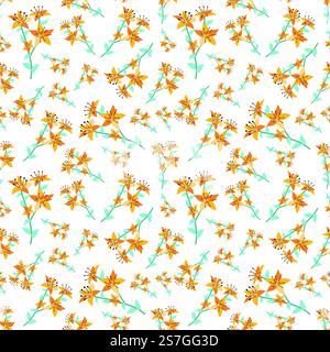 Summer flowers and leaves pattern seamless. Abstract orange ana yellow lily flowers on twigs repeating endless ornate. Beautiful blossom botanical wallpaper. Vector illustration with floral texture Stock Vector