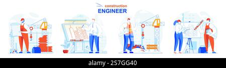 Construction engineer concept set. Architect with plan, contractor works on site. People isolated scenes in flat design. Vector illustration for blogging, website, mobile app, promotional materials. Stock Vector
