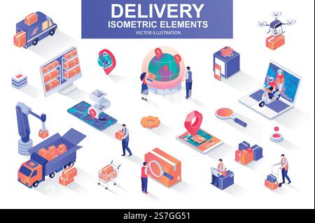 Delivery service bundle of isometric elements. Courier on scooter, delivery truck, pinpointer, warehouse worker, quadcopter, delivery box isolated icons. Isometric vector illustration kit with people.. Delivery service bundle of isometric elements. Stock Vector