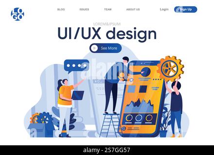UI UX design flat landing page. Developers team together creating interface of mobile application vector illustration. Responsive design and usability web page composition with people characters. Stock Vector