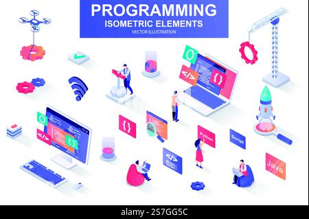Programming bundle of isometric elements. Developer working, program languages, software engineering, full stack development isolated icons. Isometric vector illustration kit with people characters.. Programming bundle of isometric elements. Stock Vector