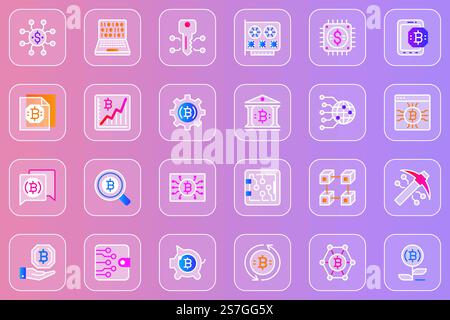 Bitcoin mining web glassmorphic icons set. Pack outline pictograms of blockchain technology, digital money earning, banking, binary code, exchange, investment and other. Vector line glass symbols Stock Vector