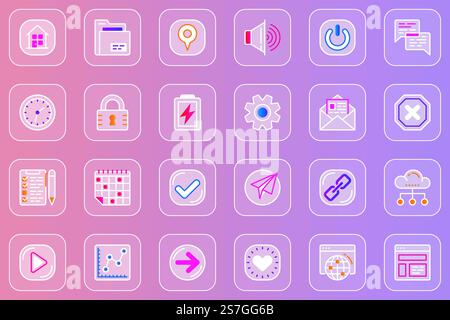 User interface web glassmorphic icons set. Pack outline pictograms of home, folder, location, audio, chat, battery charge, settings, email, accept, link, arrow and other. Vector line glass symbols Stock Vector