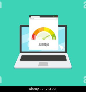 Laptop with speed Internet test on the screen. Vector flat illustration. Stock Vector