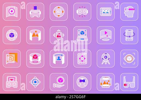 Virtual reality web glassmorphic icons set. Pack outline pictograms of 3d virtual simulation headset, 360 panoramic view, cyberspace, gaming, innovation technology and other. Vector line glass symbols Stock Vector