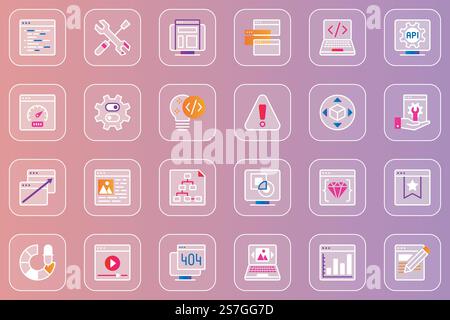 Web development glassmorphic icons set. Pack outline pictograms of settings, code, speed, computer, seo optimization, programming, interface, multimedia, software and other. Vector line glass symbols Stock Vector