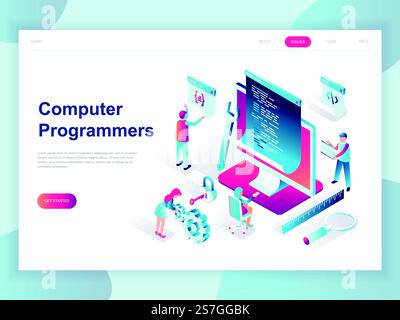 Modern flat design isometric concept of Computer Programmers for banner and website. Isometric landing page template. Developer of project team of engineers for website coding. Vector illustration. Stock Vector