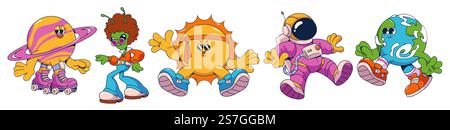 Groovy universe collection with cosmic cartoon characters. Saturn on roller skates, funky alien in retro outfit, bright sun wearing headband, spacewal Stock Vector