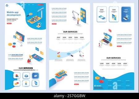 Mobile app development isometric landing page. Smartphone app construct and testing corporate website template. Web banner with header, middle content, footer. Isometry vector illustration.. Mobile app development isometric landing page. Smartphone app construct and testing corporate website template. Web banner with header, middle content, footer. Stock Vector
