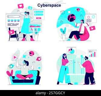 Cyberspace concept set. Virtual reality headset for education and data analysis. People isolated scenes in flat design. Vector illustration for blogging, website, mobile app, promotional materials. Stock Vector