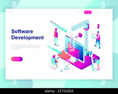Modern flat design isometric concept of Software Development for banner and website. Isometric landing page template. Developing programming and coding technologies. Vector illustration. Stock Vector