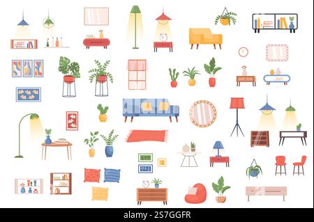 Interior decor bundle of flat scenes. House interior objects isolated set. Flower pot, armchair, bed, lamp, wardrobe, couch, mirror, clock, vase elements. Home furniture cartoon vector illustration. Stock Vector