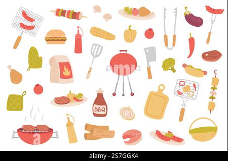 Barbeque picnic isolated objects set. Collection of bbq party, cooking meat dishes, sausage, steak, kebab, vegetable, hot dog, mustard, ketchup. Vector illustration of design elements in flat cartoon Stock Vector