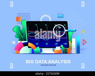 Big data analysis flat concept with gradients. Online analysis tools, software development company web template. Big data analytics and business intelligence 3d composition, vector illustration.. Big data analysis flat concept with gradients. Stock Vector