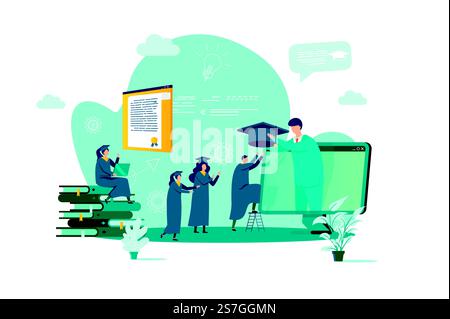 Online education concept in flat style. Graduating student gets diploma online scene. Distance learning service, professional courses banner. Vector illustration with people characters in situation.. Online education concept in flat style. Stock Vector