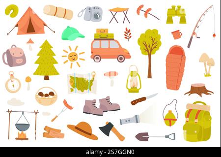 Camping and hiking isolated objects set. Collection of tent, car, forest, binoculars, fishing, map, mushroom, backpack, compass, tourism tools. Vector illustration of design elements in flat cartoon Stock Vector