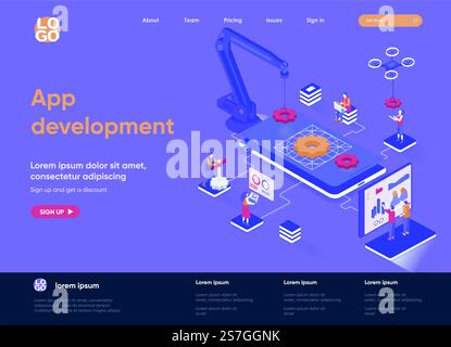 App development isometric landing page. UI UX design, prototyping, engineering and programming application. Digital technology isometry web page. Website vector illustration with people characters. Stock Vector
