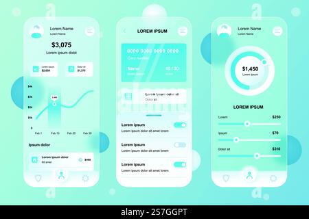 Online banking neumorphic elements kit for mobile app. Accounting in profile, financial transaction, money in account. UI, UX, GUI screens set. Vector illustration of templates in glassmorphic design Stock Vector