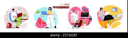 Programmers concept scenes set. Developers coding, create software or applications, testing products, work on project. Collection of people activities. Vector illustration of characters in flat design Stock Vector