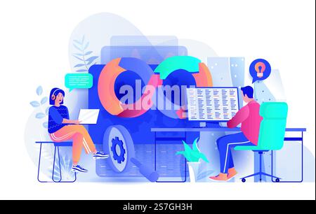 DevOps concept in flat design. Development operations scene template. Team of programmer working at laptop, coding, testing, engineering process. Vector illustration of people characters activities Stock Vector