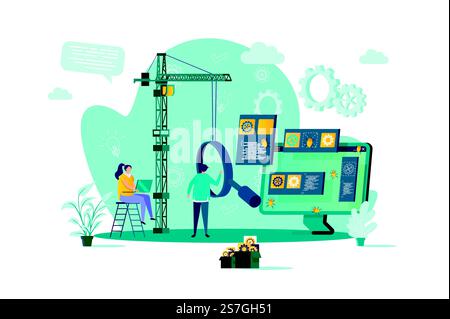 Software testing concept in flat style. Engineer debugging web application scene. Software testing and quality assurance, search of bugs banner. Vector illustration with people characters in situation. Software testing concept in flat style. Stock Vector