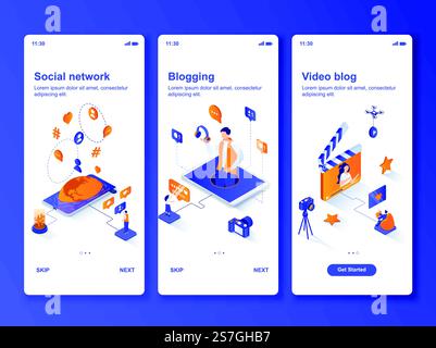 Social network content production isometric GUI design kit. Blogging and vlogging templates for mobile app. Online streaming UI UX onboarding screens. Vector illustration with tiny people characters.. Social network isometric GUI design kit. Stock Vector