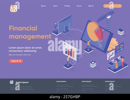 Financial management isometric landing page. Data analysis and strategy planning isometry concept. Business forecasting and risk management flat web page. Vector illustration with people characters. Stock Vector