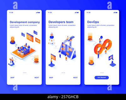 Development company isometric GUI design kit. Developers team collaboration, DevOps engineering templates for mobile app. UI UX onboarding screens. Vector illustration with tiny people characters.. Development company isometric GUI design kit. Stock Vector