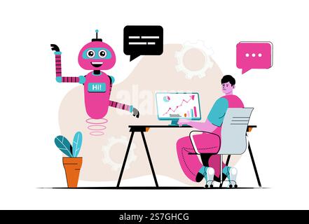 Virtual assistant concept isolated. Customer support by bots robots at online chats. People scene in flat cartoon design. Vector illustration for blogging, website, mobile app, promotional materials. Stock Vector