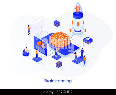 Brainstorming isometric web banner. Innovative idea generation isometry concept. Teamwork creativity and collaboration 3d scene, project launch flat design. Vector illustration with people characters. Stock Vector