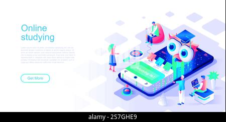 Online studying landing page vector template. Modern university course website header UI layout with isometric illustration. Teaching lectures and lessons web banner isometry concept Stock Vector