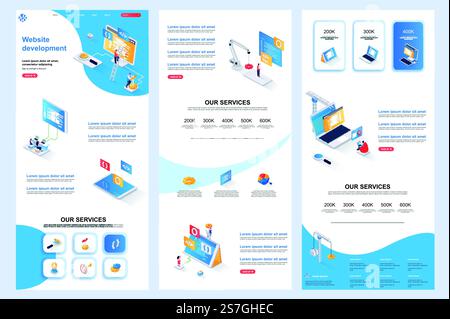 Website development isometric landing page. Full stack engineering, construct corporate website design template. Web banner with header, middle content, footer. Isometry vector illustration.. Website development isometric landing page. Full stack engineering, construct corporate website design template. Web banner with header, middle content, footer. Stock Vector