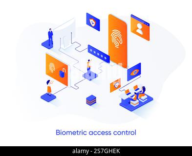 Biometric access control isometric web banner. Fingerprint scan control isometry concept. Biometrics identification 3d scene, access verification flat design. Vector illustration with people character Stock Vector