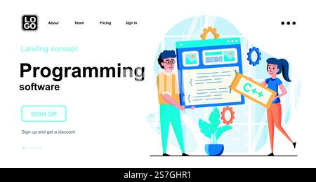 Programming software web concept. Team programmers creates software, programs, working together. Template of people scenes. Vector illustration with character activities in flat design for website Stock Vector