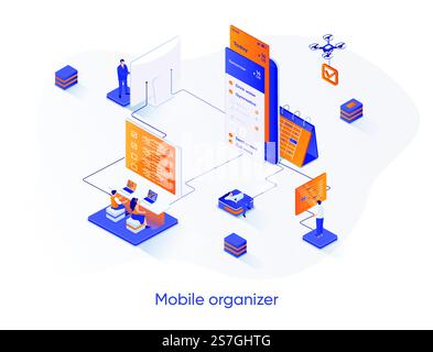 Mobile organizer isometric web banner. Mobile application for business planning isometry concept. Organizing work activities and tasks 3d scene design. Vector illustration with people characters. Stock Vector