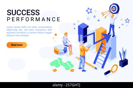Success performance landing page vector template with isometric illustration. Business goal achievement homepage interface layout with isometry. Company growth, reaching target 3d webpage design Stock Vector