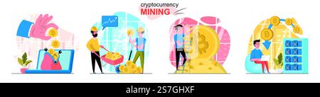 Cryptocurrency mining concept scenes set. Miners create digital money or bitcoins, blockchain tech, increase profits. Collection of people activities. Vector illustration of characters in flat design Stock Vector
