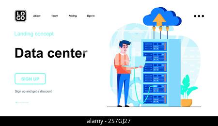 Data server web concept. Technician works in server room racks. Cloud storage technology, database. Template of people scene. Vector illustration with character activities in flat design for website Stock Vector