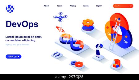 DevOps isometric landing page. Development operations isometry concept. Developers team works, configures, monitors processes 3d web banner. Vector illustration with people characters in flat design Stock Vector