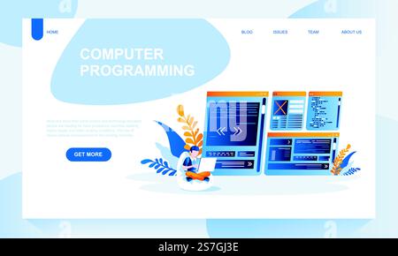 Computer programing vector landing page template with header. Writing source code web banner, homepage design with flat illustrations. Programmer, coder cartoon character. Informational technologies. Computer programing vector landing page template with header. Writing source code web banner, homepage design with flat illustrations Stock Vector