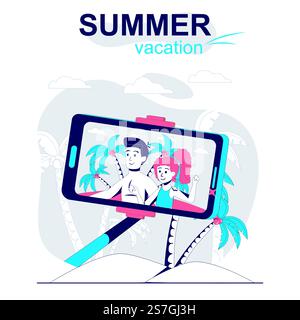 Summer vacation isolated cartoon concept. Couple taking selfie photo on beach, resting people scene in flat design. Vector illustration for blogging, website, mobile app, promotional materials. Stock Vector