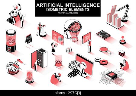 Artificial intelligence bundle of isometric elements. Electronic brain, cyborg, deep learning, futuristic technology, robot isolated icons. Isometric vector illustration kit with people characters. Stock Vector