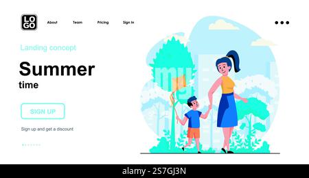 Summer time web concept. Mother walks with her son in city park, child flies kite, family leisure. Template of people scene. Vector illustration with character activities in flat design for website Stock Vector