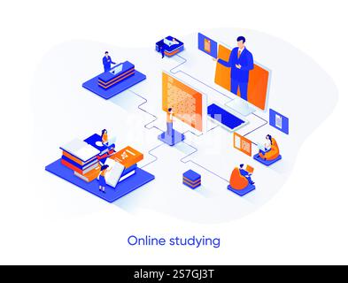 Online studying isometric web banner. Distance learning platform isometry concept. Online education 3d scene, professional seminars and courses flat design. Vector illustration with people characters. Stock Vector