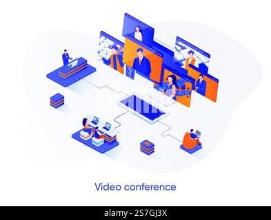 Video conference isometric web banner. Teleconference and video call solution isometry concept. Online communication, project team meetings 3d scene design. Vector illustration with people characters. Stock Vector
