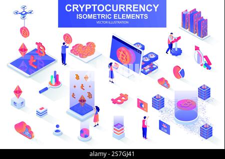 Cryptocurrency bundle of isometric elements. Bitcoin, litecoin and ethereum cryptocurrency, mining hardware, fintech application isolated icons. Isometric vector illustration with people characters.. Cryptocurrency bundle of isometric elements. Stock Vector