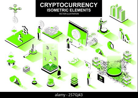 Cryptocurrency bundle of isometric elements. Bitcoin, litecoin and ethereum cryptocurrency, mining hardware, fintech application isolated icons. Isometric vector illustration with people characters. Stock Vector