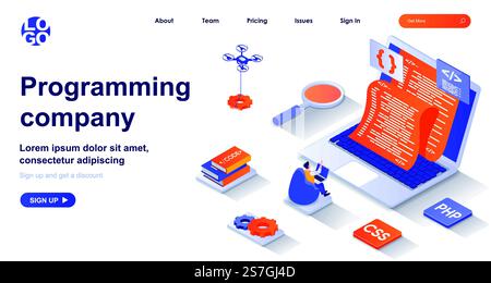 Programming company isometric landing page. Development of programs and app isometry concept. Programmer coding, testing code 3d web banner. Vector illustration with people characters in flat design Stock Vector