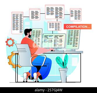 Programming working concept in modern flat design. Developer does compilation of program. Man creates software, working at computer. Development, optimization and testing apps. Vector illustration Stock Vector